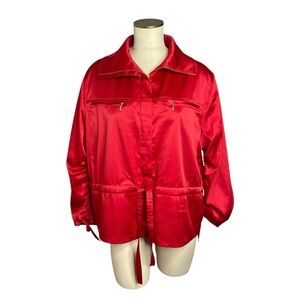 St. John Sport by Marie Gray Red Satin Zip Front Jacket Drawstring Sz M Holiday